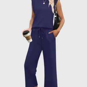 Dusty Blue Knit Tank & Drawstring Wide-Leg Pants Set