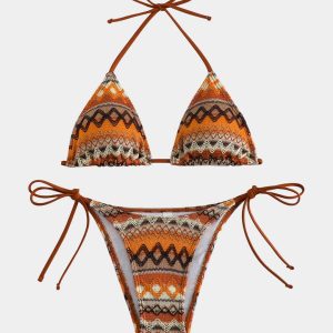 Ethnic Print Triangle Bikini Set with Adjustable Tie Strings
