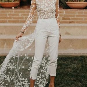 Bridal Jumpsuit Women Sheer Lace Sleeves 3D Floral Train White