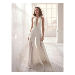 Halter Neck Bridal Jumpsuit Women Wide Leg Palazzo Keyhole White